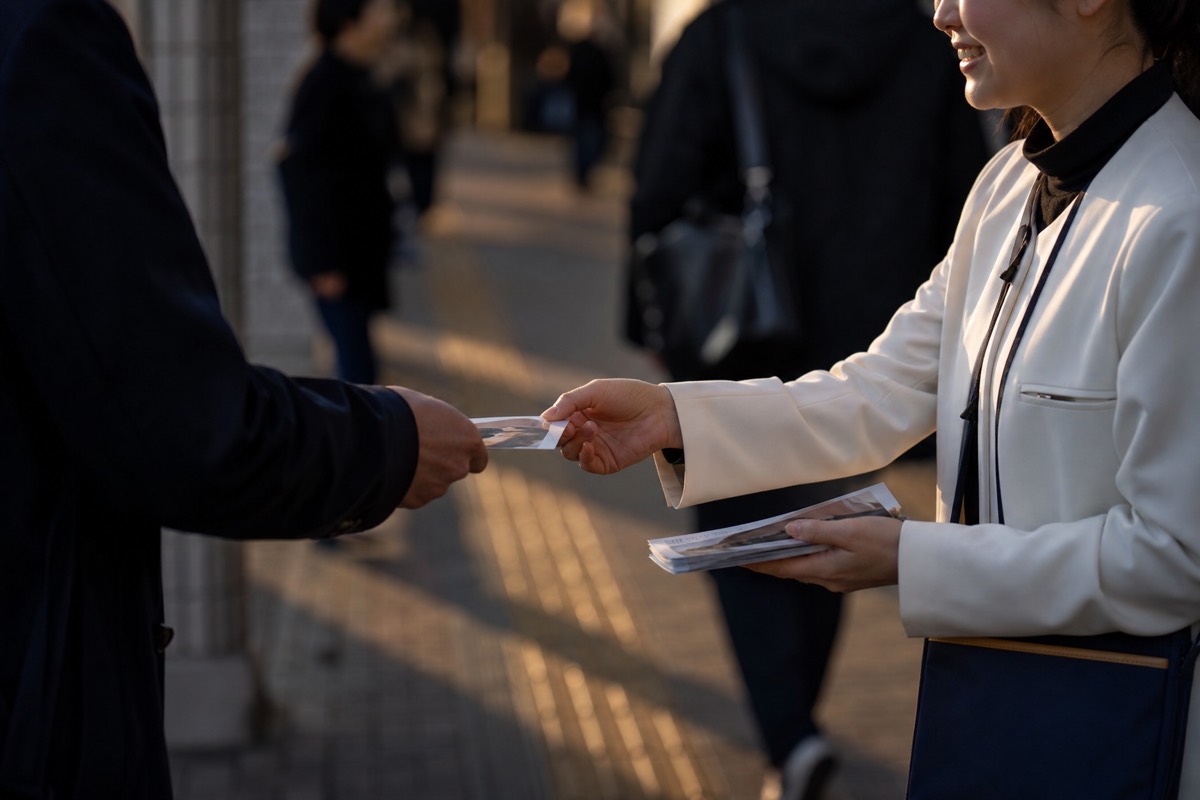朝の街頭で通行人にチラシを手渡すスタッフ